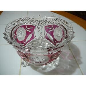 Vintage Hofbauer Floral Ruby Red Crystal 3 Footed Bowl